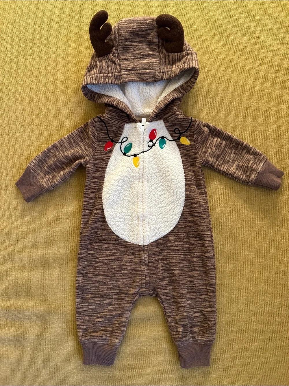 Brown Reindeer Hooded Baby One-Piece Footie with Festive Lights